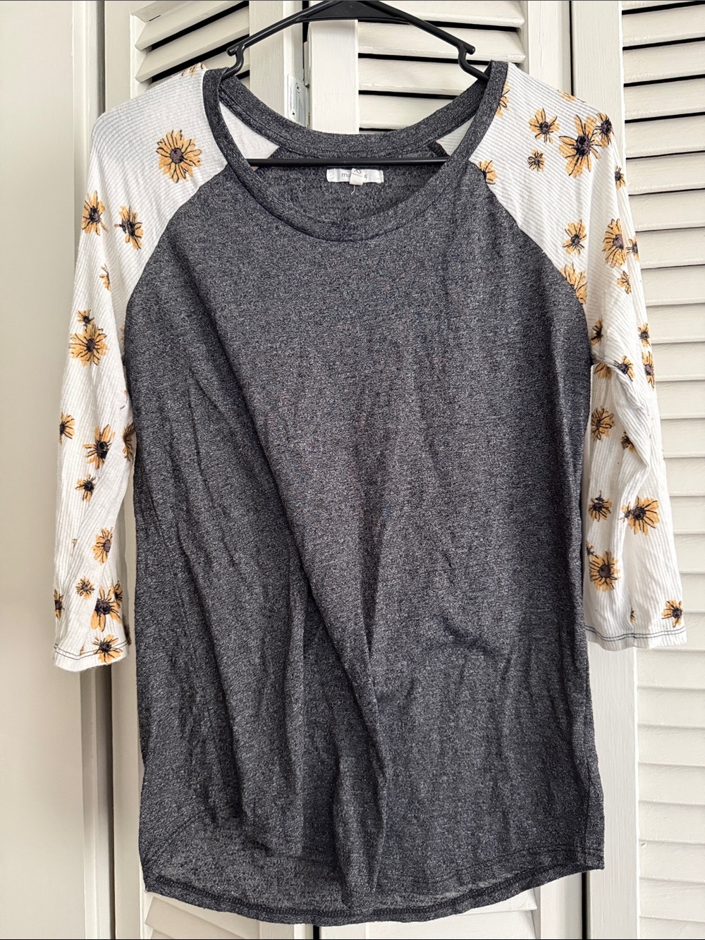 Maurices Charcoal Baseball Tee with Yellow Floral Raglan Sleeves